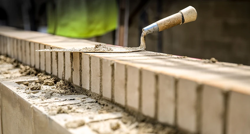 Trowel Applying Mortar On Brick Wall For Concrete Construction