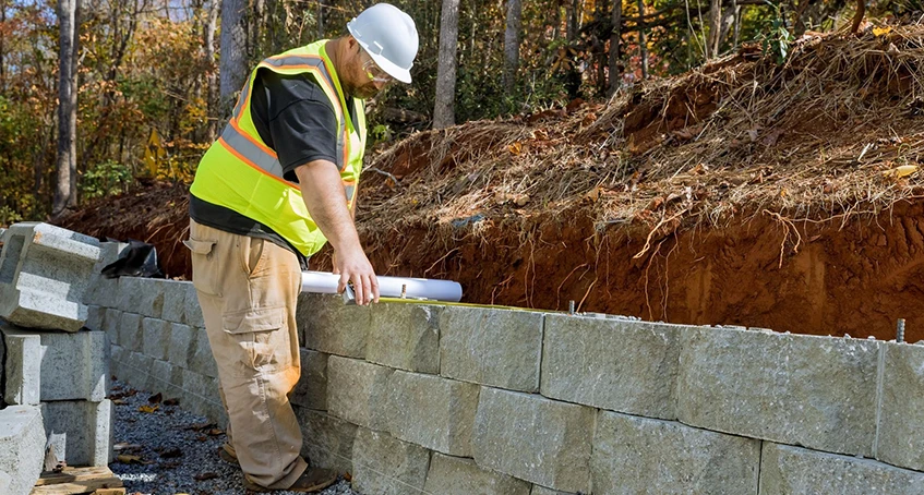 Construction Worker Building Retaining Wall in Outdoor Setting
