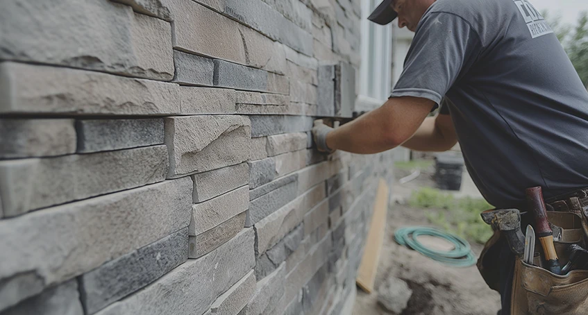 Worker Performing Stone Wall Construction on Exterior Building Surface